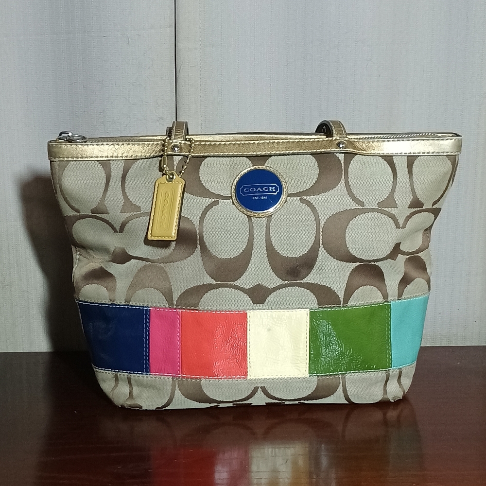 Coach Signature Stripe Leather Tote